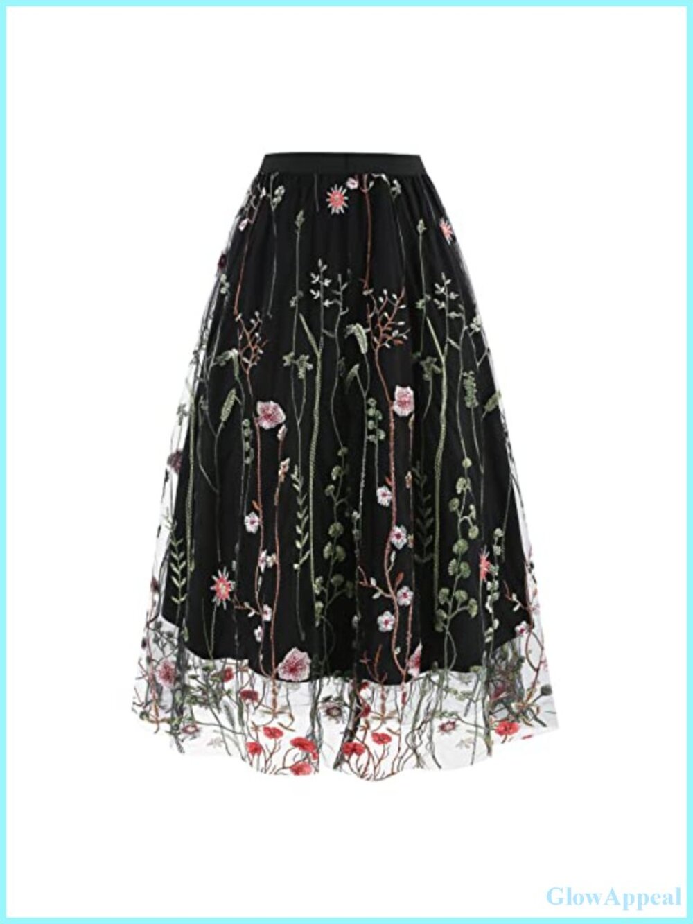 Vintage Floral Embroidered Tulle Midi Skirt High Waist A-Line Swing